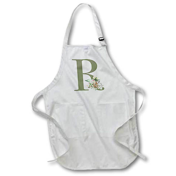 Apron - Green Monogram Initial R Pretty Floral and Bird Monogram