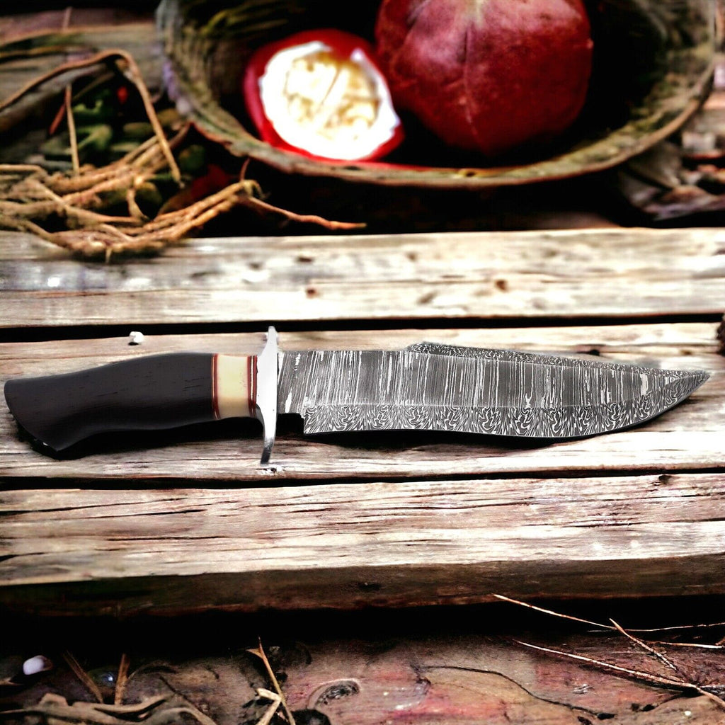 Custom Handmade Damascus Steel Hunting Bowie Knife – Wenge Wood Handle – 15" Overall Length with Leather Sheath