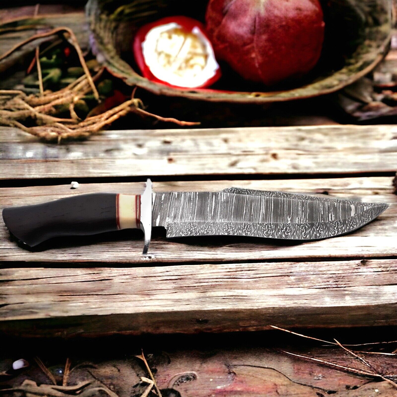 Custom Handmade Damascus Steel Hunting Bowie Knife – Wenge Wood Handle – 15" Overall Length with Leather Sheath