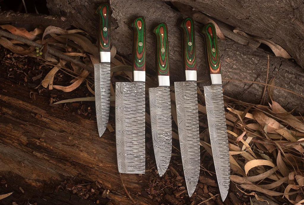 Exclusive Handmade Damascus Kitchen Knife Set with Exotic Wood Handles and Twisted Steel Bolsters