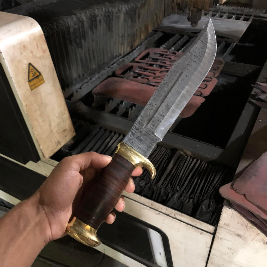 Custom Handmade Damascus Steel Crocodile Dundee Bowie Knife with Brass Guard Handle - 16”