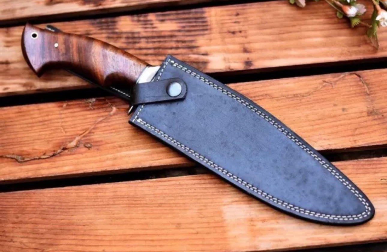 Custom Handmade Damascus Steel Bowie Knife with Steel Guard and Rosewood Handle, Includes Leather Sheath