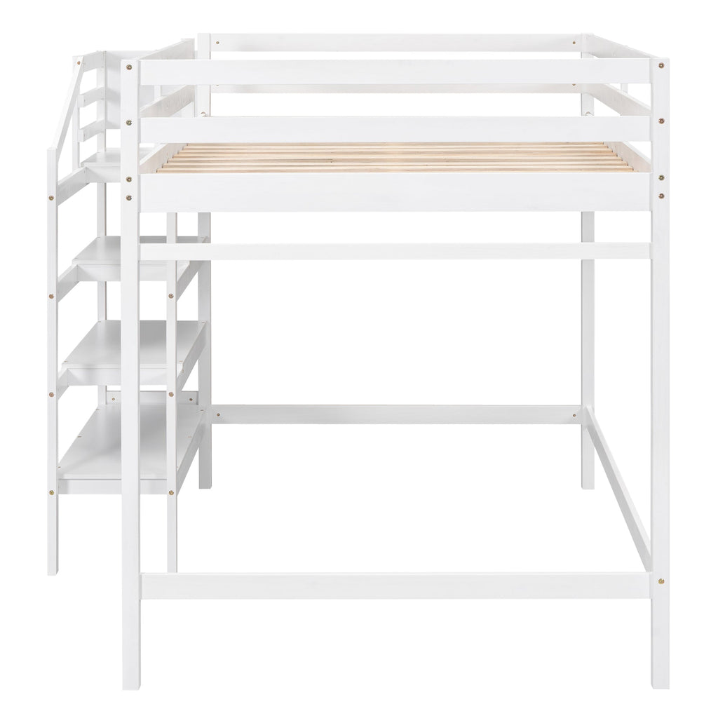 Full Size Loft Bed with Built-in Storage Staircase and Hanger for Clothes  White