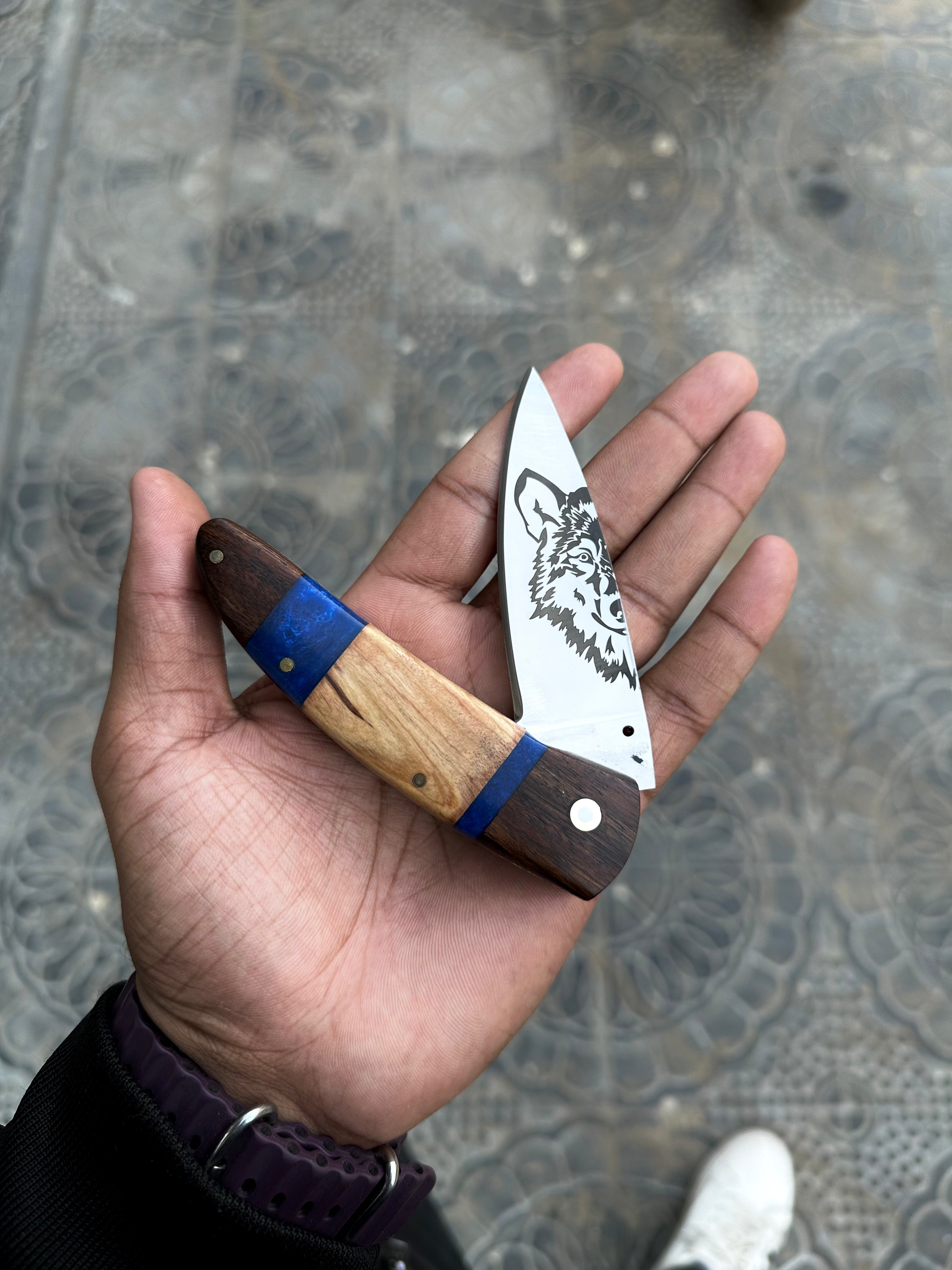 Compact Folding Pocket Knife – 7" J2 Steel Blade with Resin Wood Handle & Leather Sheath