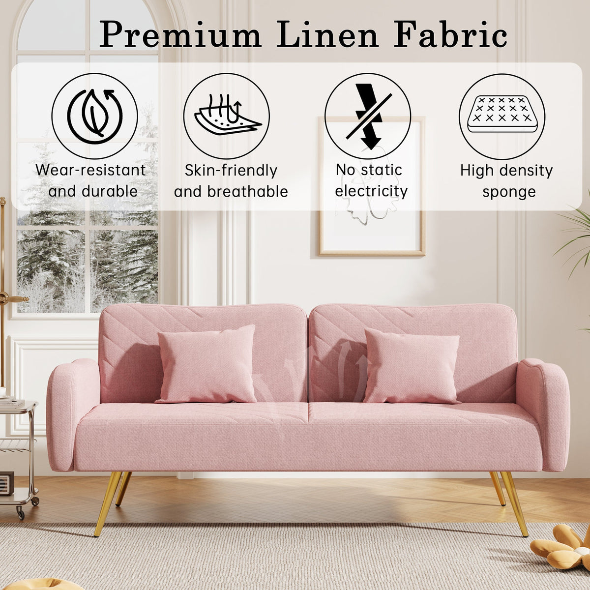 70.47" Pink Fabric Double Sofa with Split Backrest and Two Throw Pillows
