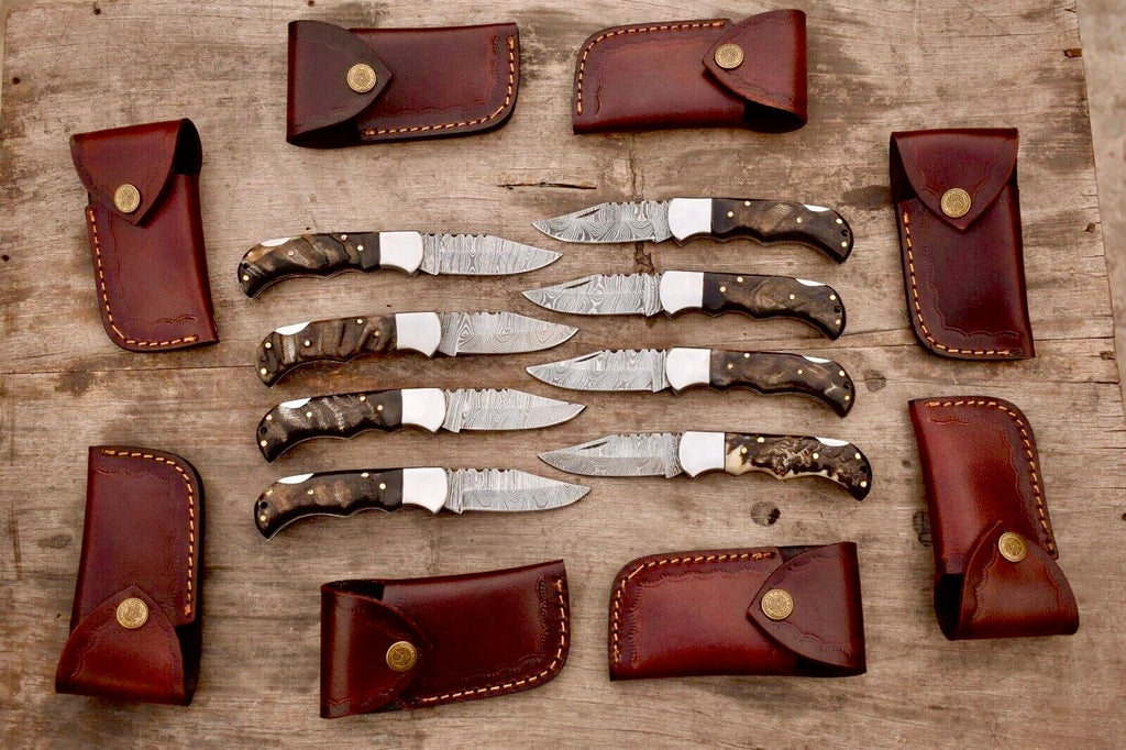 Handmade Damascus Steel Pocket Knife with Ram Horn Handle & Leather Sheath