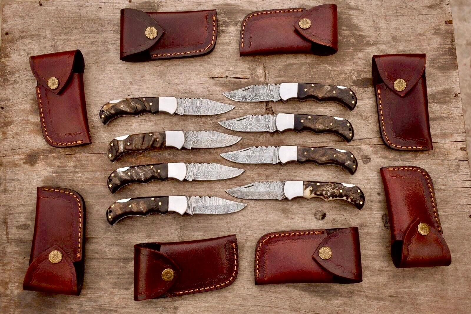 Handmade Damascus Steel Pocket Knife with Ram Horn Handle & Leather Sheath