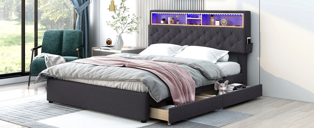Queen Size Upholstered Platform Bed with Storage Headboard, LED, USB Charging and 2 Drawers Dark Gray