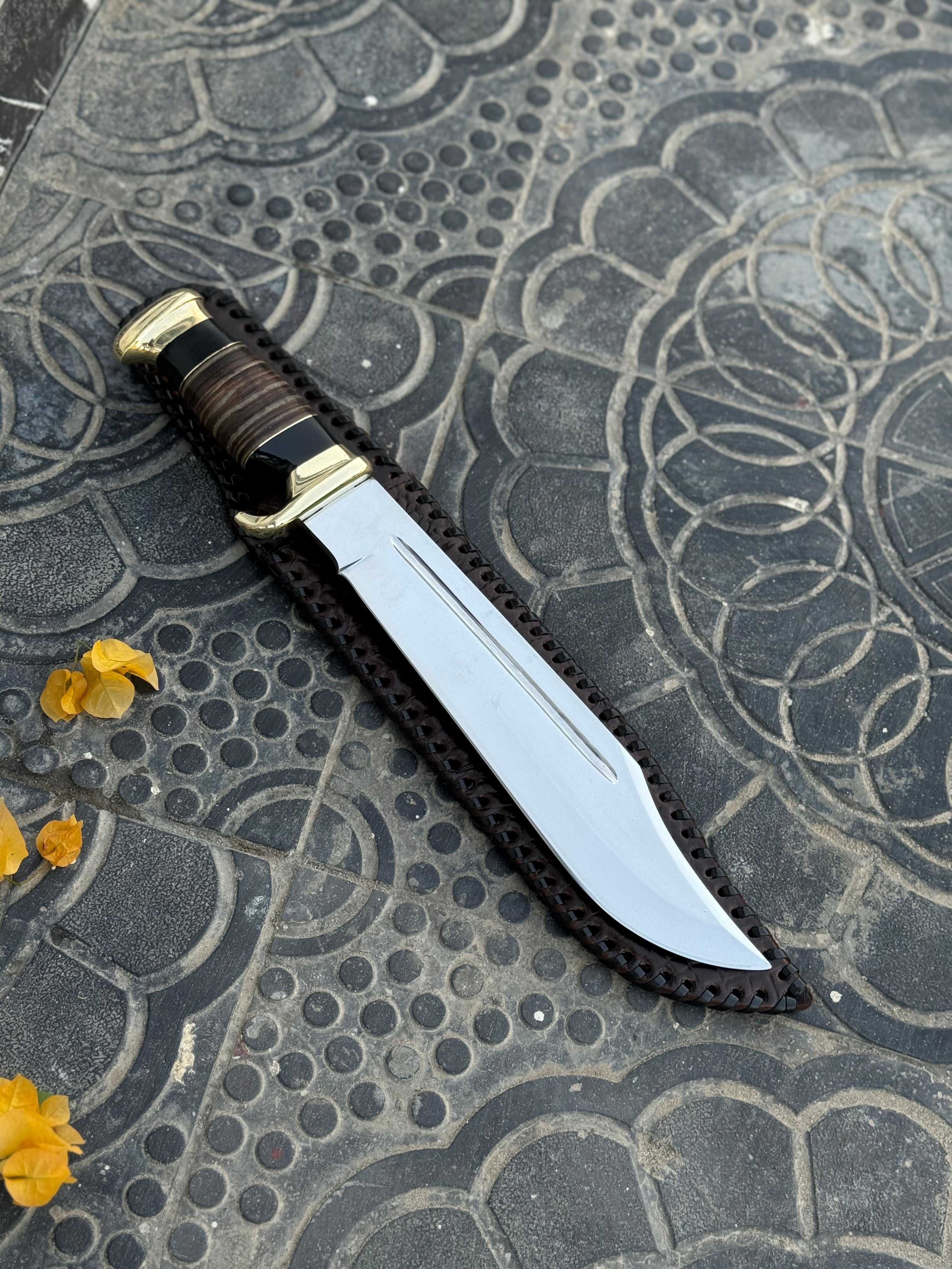Custom Handmade J2 Steel Crocodile Dundee Bowie Knife with Brass Guard and Leather Handle - 16”