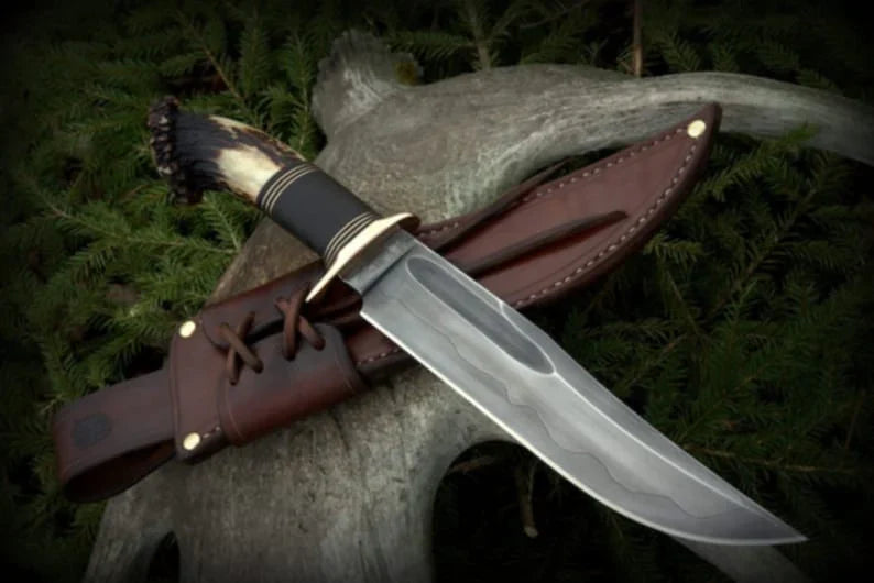 Custom Handmade J2 Steel Acid Wash Bowie Knife with Stag Crown & Rosewood Handle