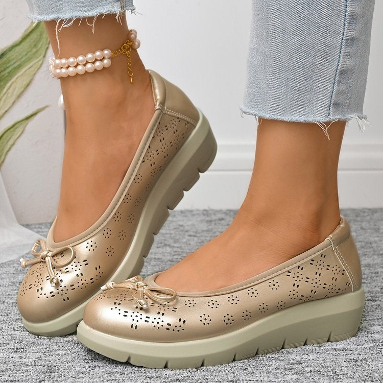 Hollow out ultra light bow soft sole thick sole plus size women's shoes