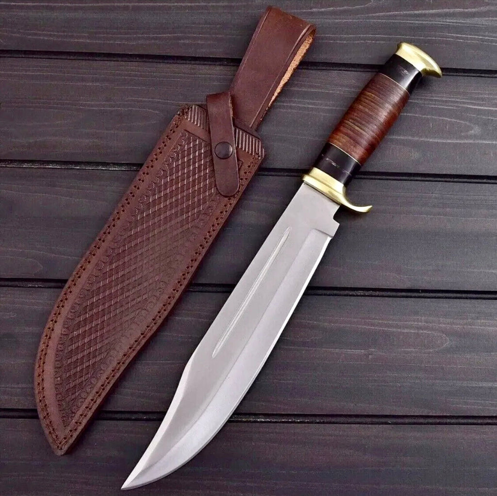 : Custom Handmade 440C Steel Crocodile Dundee Bowie Knife - 16" Heavy Duty, Leather & Buffalo Horn Handle, Razor Sharp Blade, Belt Loop Leather Sheath