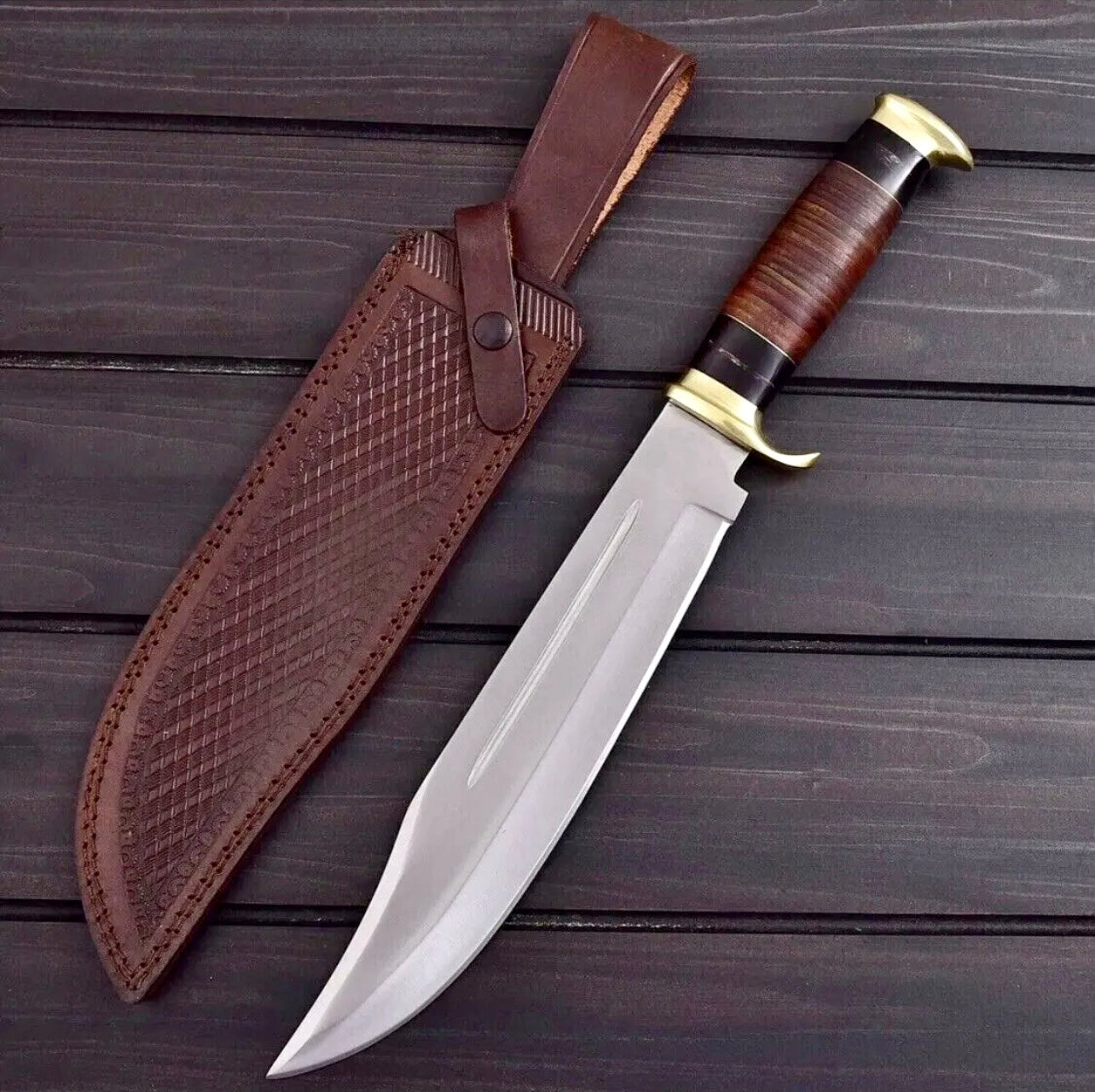 : Custom Handmade 440C Steel Crocodile Dundee Bowie Knife - 16" Heavy Duty, Leather & Buffalo Horn Handle, Razor Sharp Blade, Belt Loop Leather Sheath