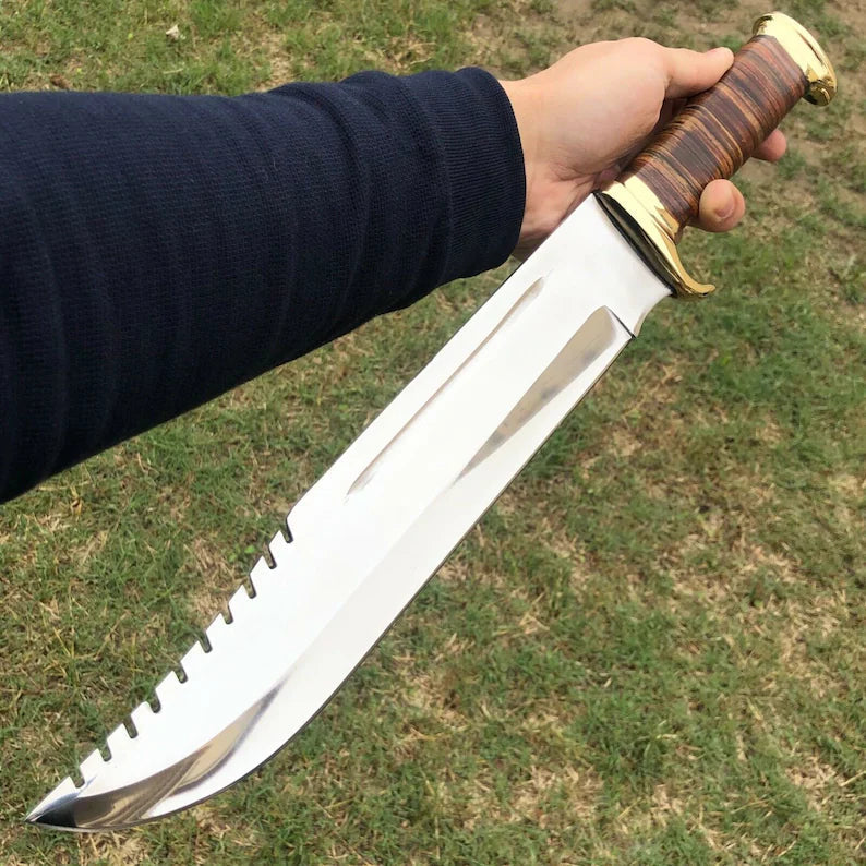 Custom Handmade J2 Steel "Crocodile Dundee" Bowie Knife – 16” with Brass Guard & Leather Sheath | Premium Quality Outdoor & Collector’s Knife