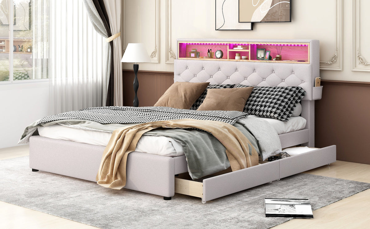 Queen Size Upholstered Platform Bed with Storage Headboard  LED  USB Charging and 2 Drawers  Beige