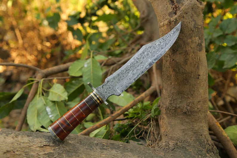 Handcrafted Damascus Steel Bowie Knife | Rosewood & Brass Handle with Damascus Steel Guard | Includes Leather Sheath
