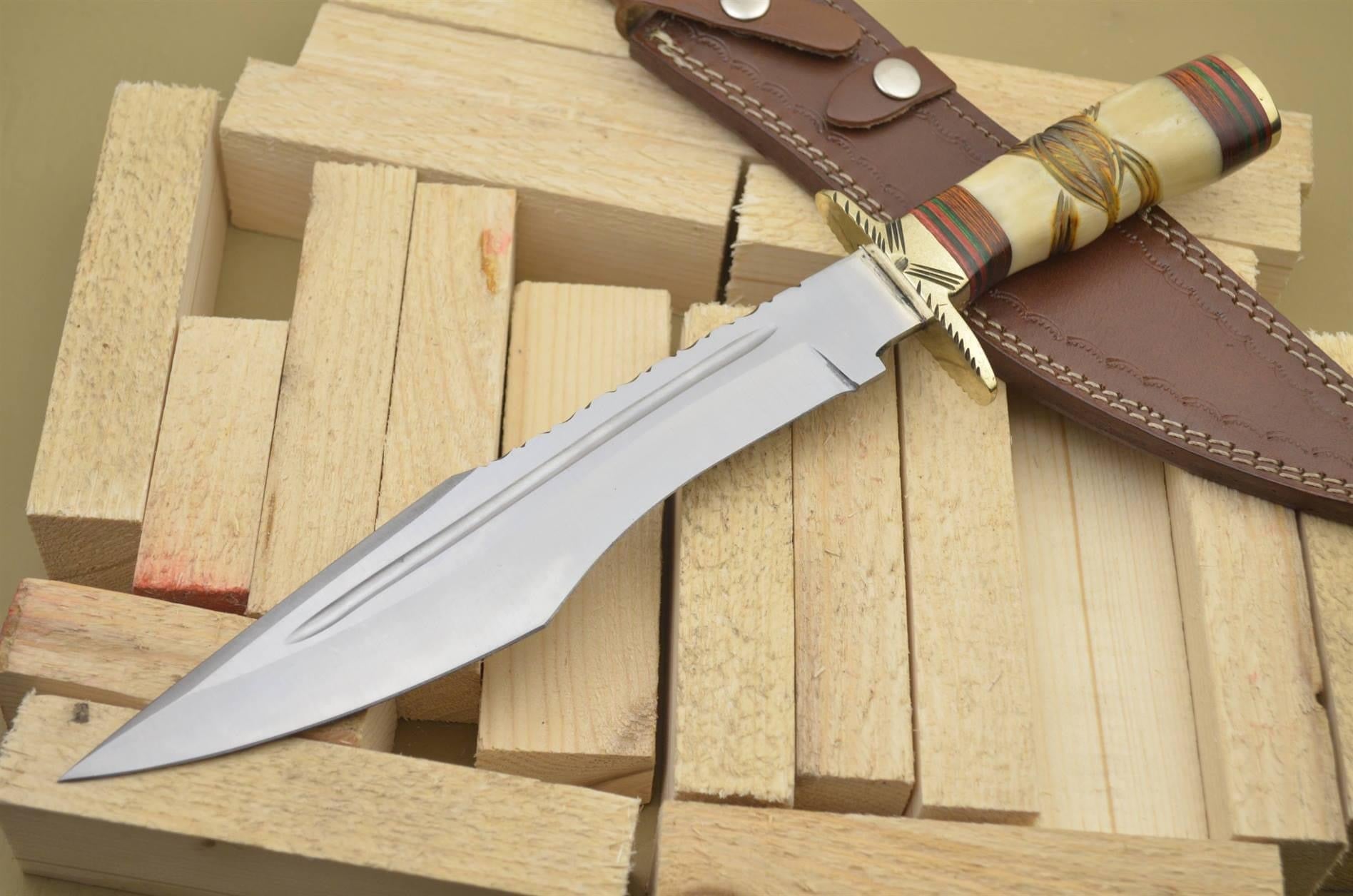 Custom Handmade J2 Steel Bowie Knife with Bone Handle and Brass Guard - 16”