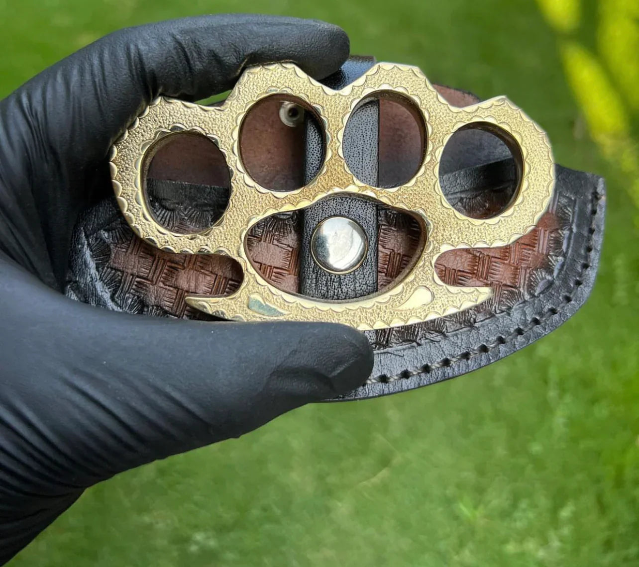 Engraved Brass Knuckles with Belt Loop Leather Case – Solid Brass Self Defense Gear
