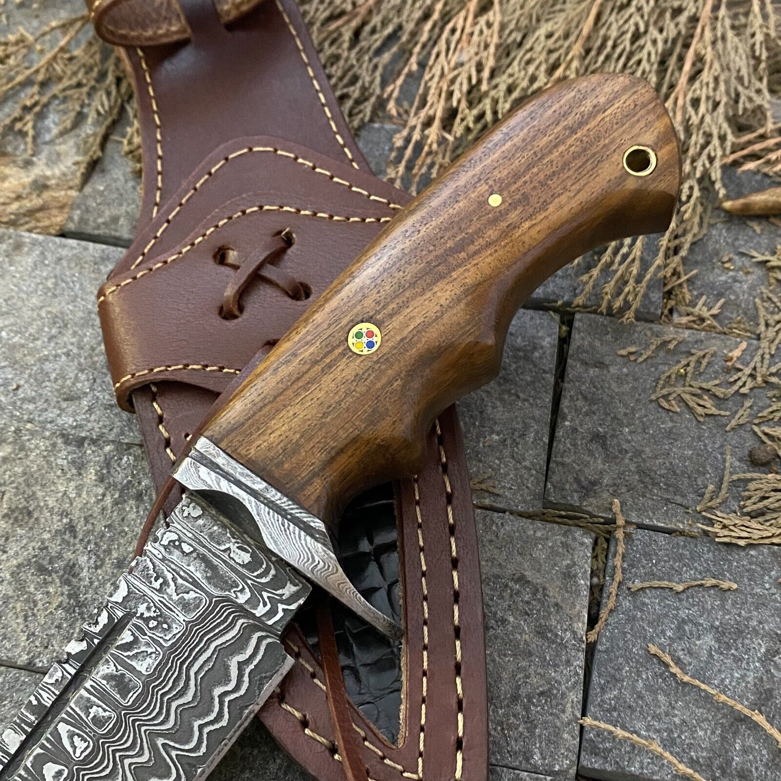 Best Hunting Knife with Custom Handmade Damascus Steel Blade, Damascus Steel Guard & Rosewood Handle – Includes Leather Sheath