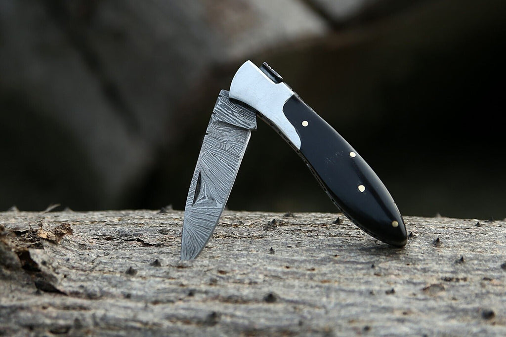 Custom Handmade Damascus Steel Pocket Knife with Buffalo Horn Handle & Steel Bolster | Includes Leather Sheath