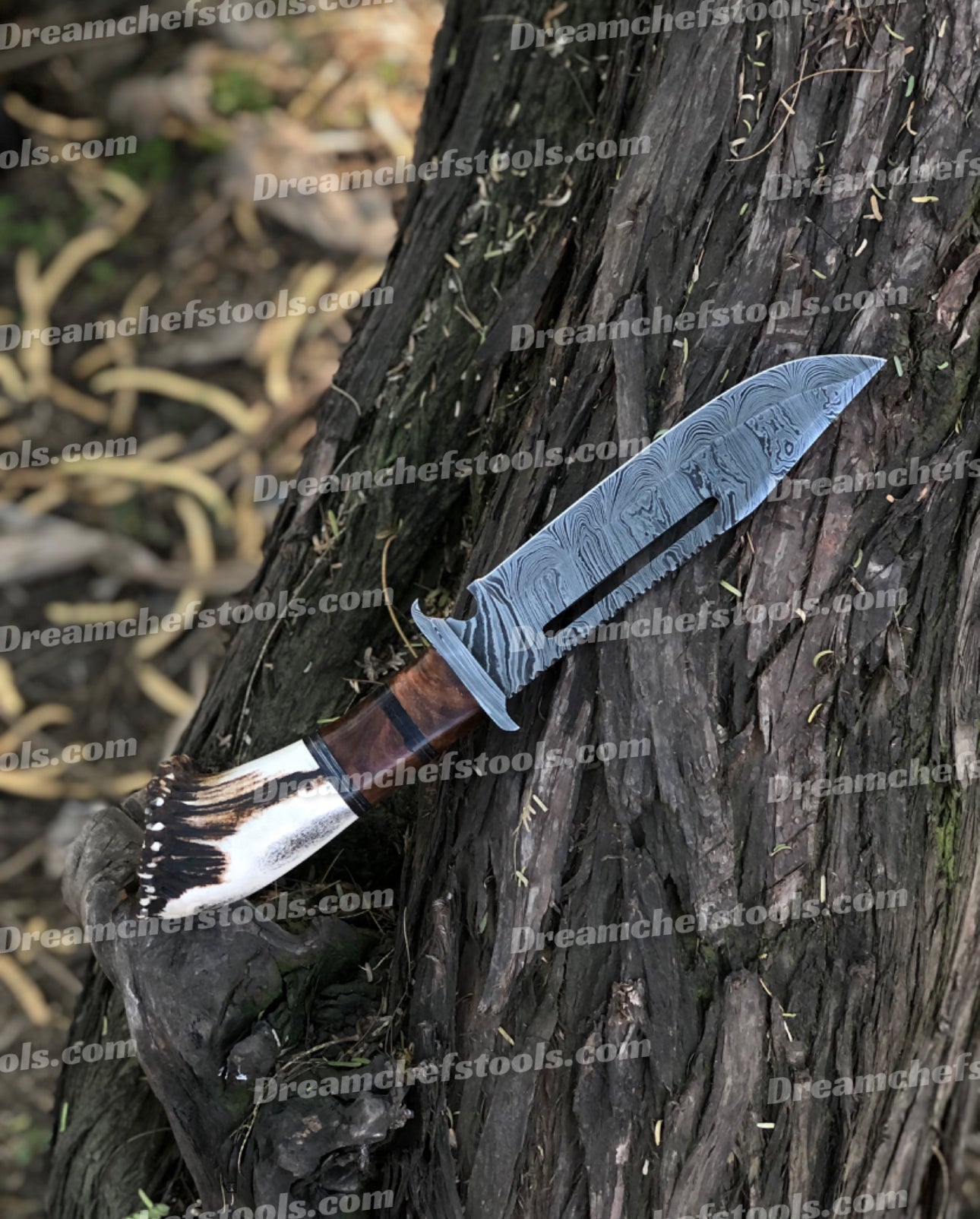 15" Handmade Damascus Steel Bowie Knife – Full Tang with Stag Crown Antler & Rosewood Handle, Damascus Steel Guard, Includes Leather Sheath