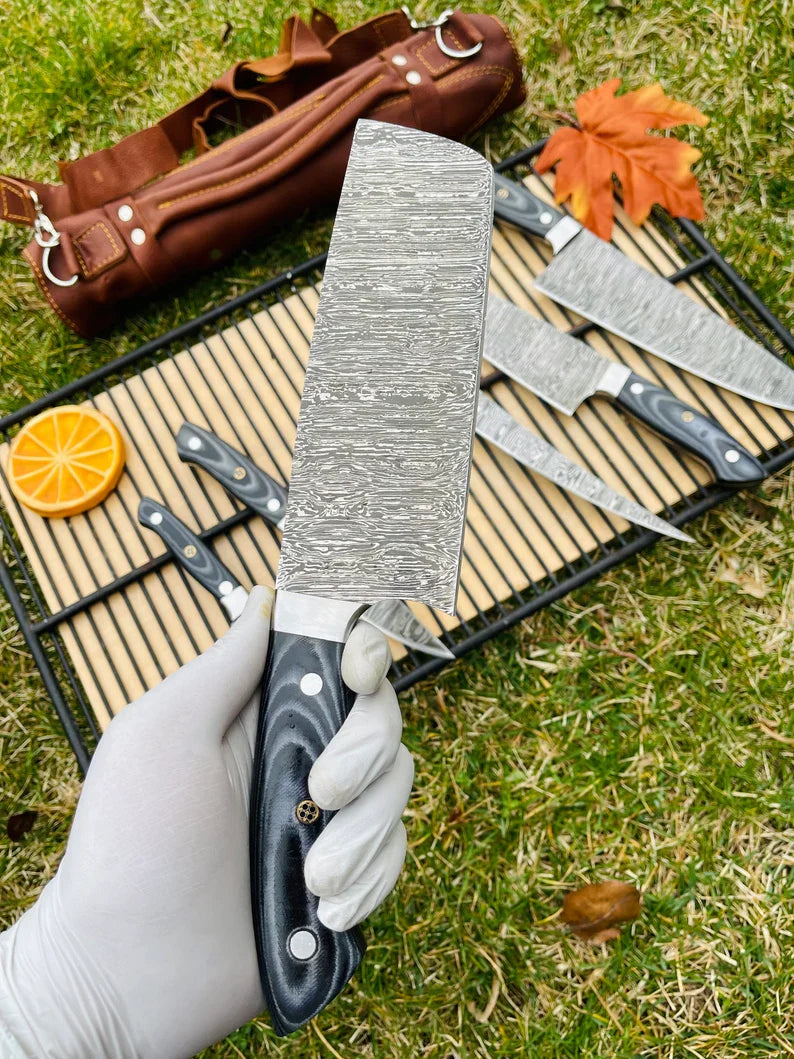 Luxury Custom Handmade Damascus Steel 5-Piece Kitchen Knife Set with G10 Handle & Steel Bolster - Premium Chef Knives in Leather Roll Kit