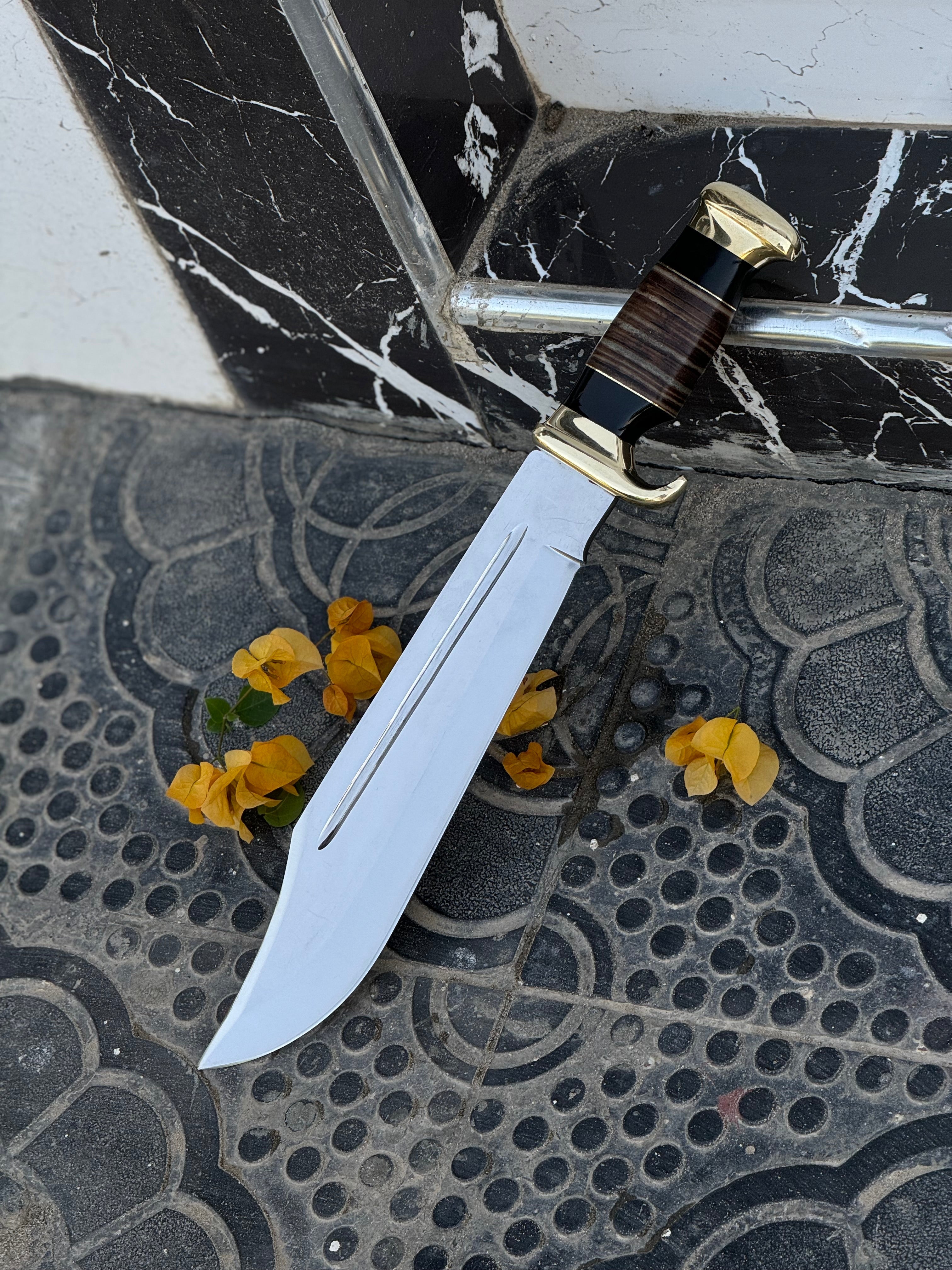 Custom Handmade J2 Steel Crocodile Dundee Bowie Knife with Brass Guard and Leather Handle - 16”