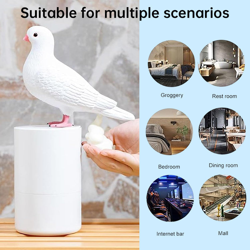 Pigeon-shaped auto sensor foam dispenser. Touchless, fine foam.