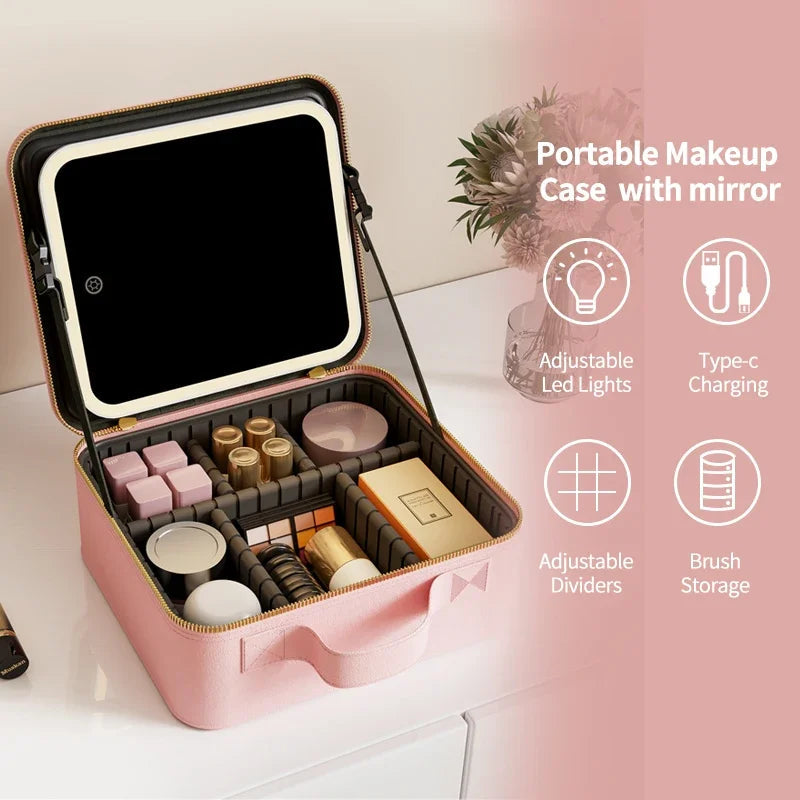 Light Up Box Vanity Organizer Portable Makeup Bag Mirror With Led Light