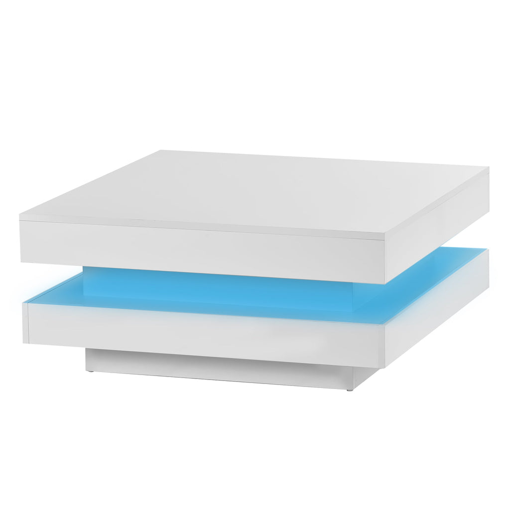 ON-TREND High Gloss Minimalist Design with LED Lights 2-Tier Square Coffee Table White