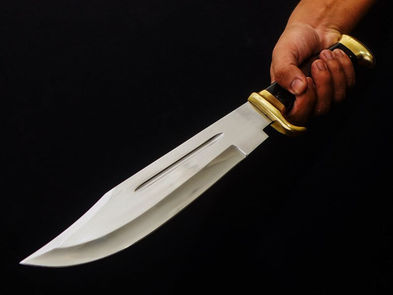 Premium J2 Steel Crocodile Dundee Bowie Knife – 16” with Brass Guard, Buffalo Horn & Leather Handle | Custom Handmade Knife with Leather Sheath