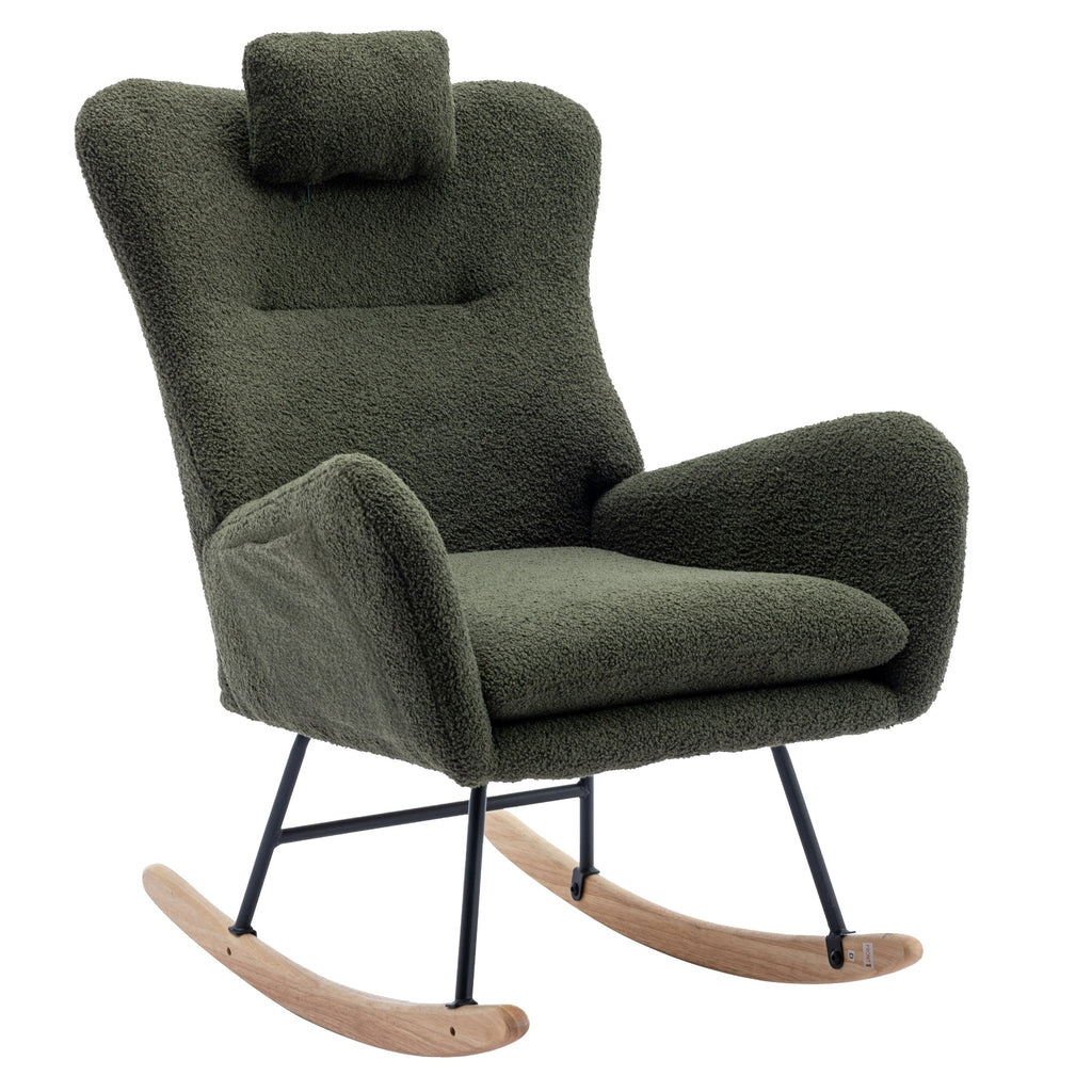 35.5-inch soft Teddy fabric rocking chair with pockets, comfortable wing straps, secure solid wood base (dark green)