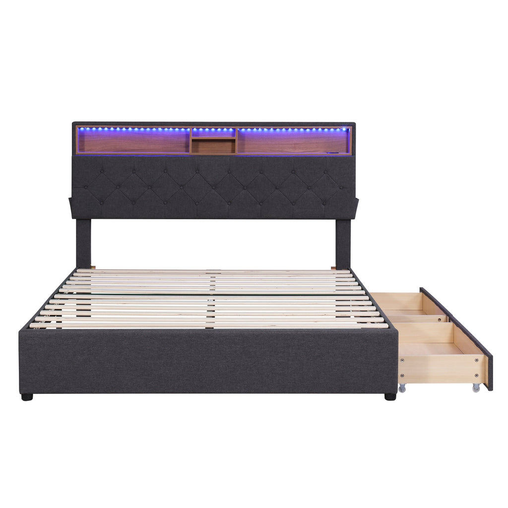 Queen Size Upholstered Platform Bed with Storage Headboard, LED, USB Charging and 2 Drawers Dark Gray