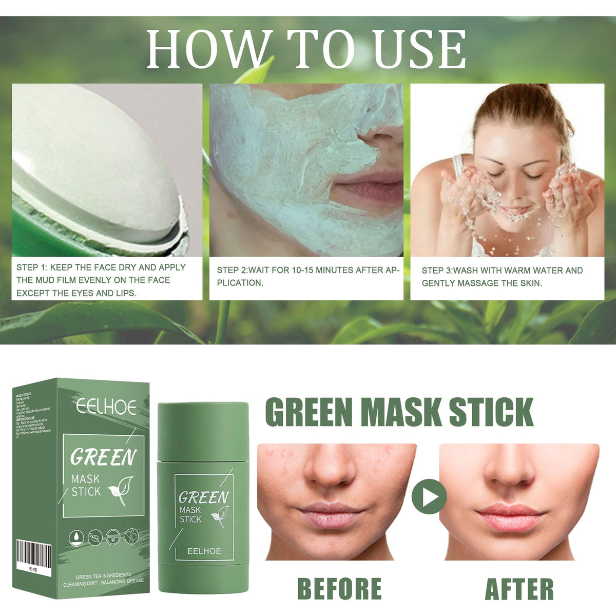 Green Tea Solid Mask, Deep Cleansing Hydrating Mask Stick Pore-Narrowing Paste Mask Stick