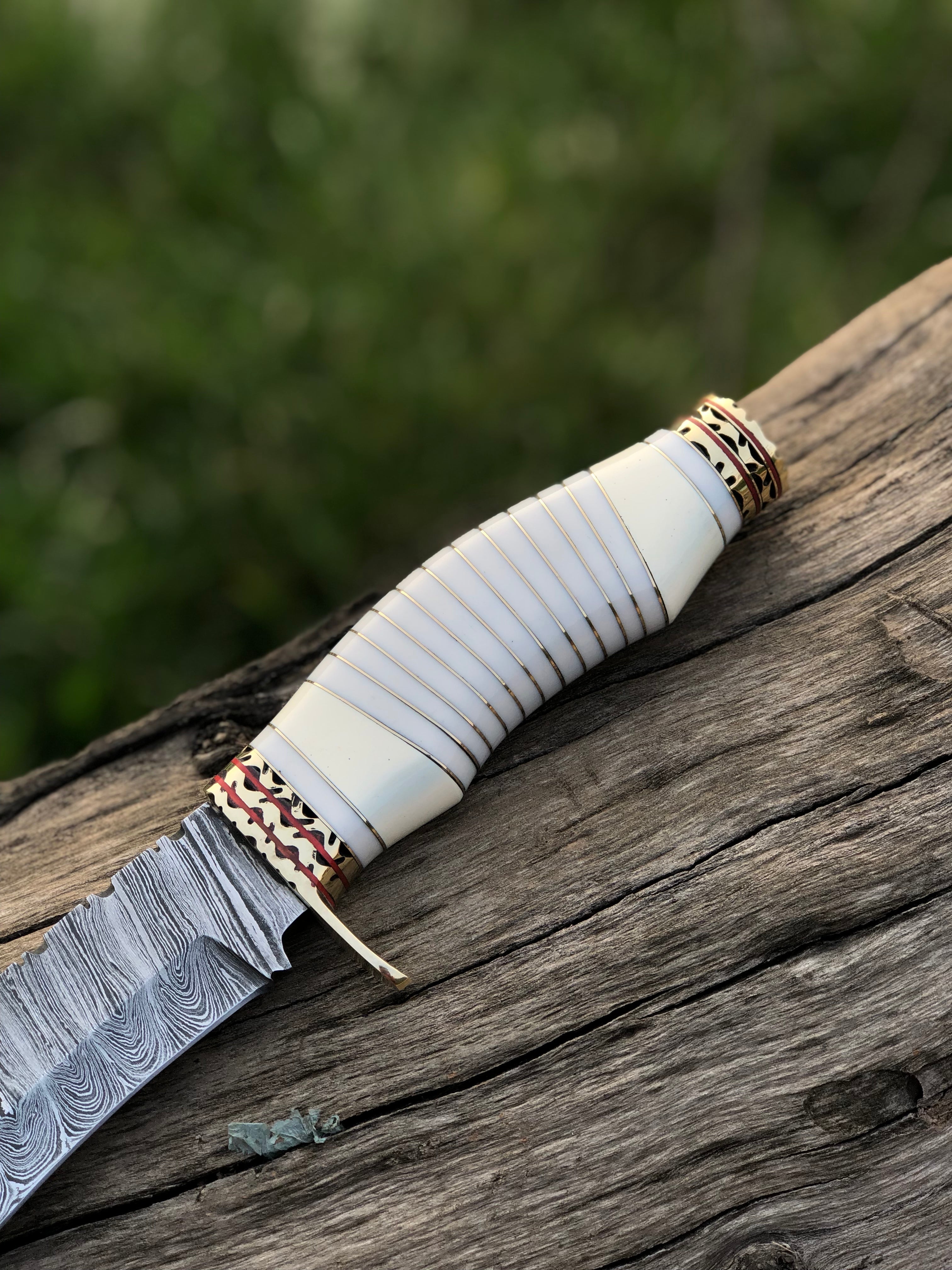 Handmade Damascus Steel Blade Bowie Knife Decorated Camel Bone Handle