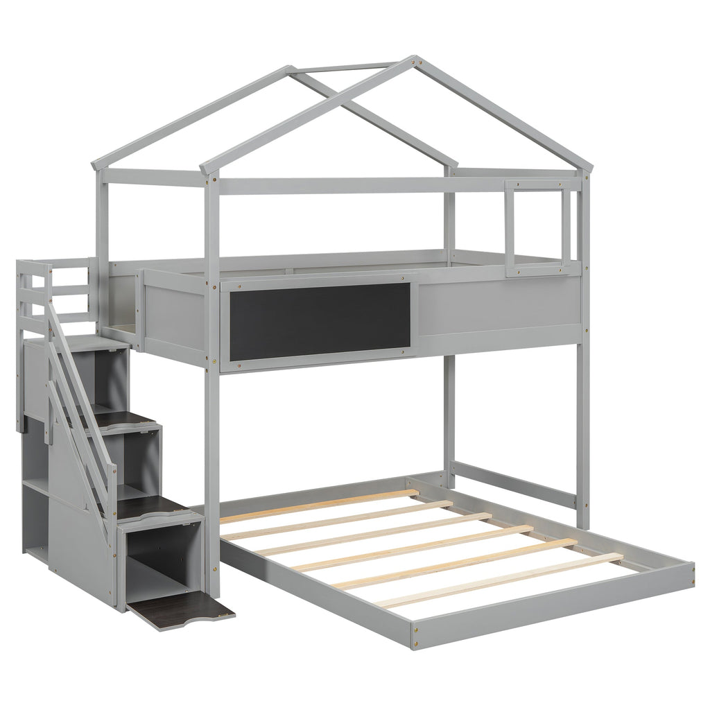 Twin over Full House Bunk Bed with Storage Staircase and Blackboard Gray