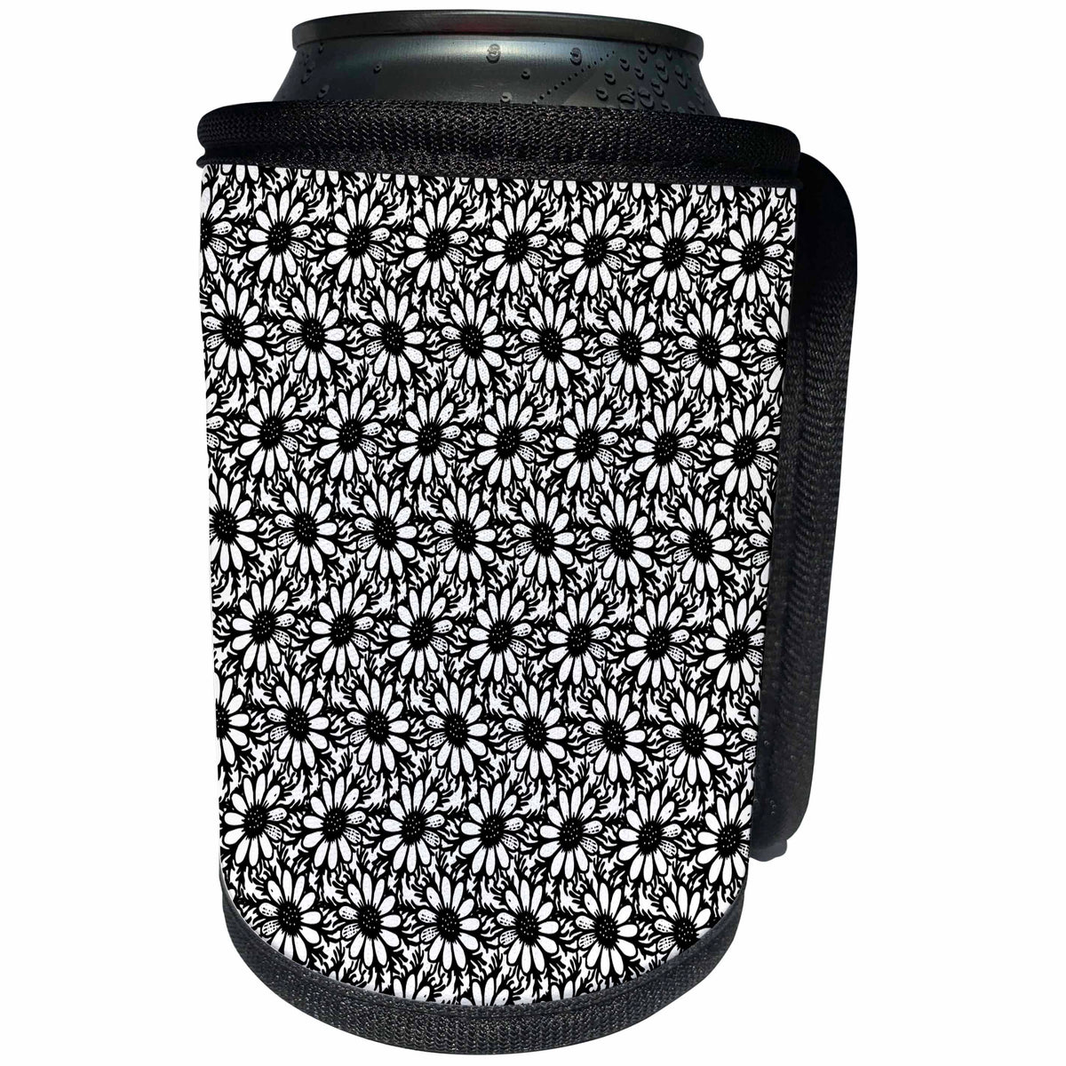 3dRose Russ Billington Patterns - Black and White Daisies - Can Cooler Bottle Wrap (cc_238824)