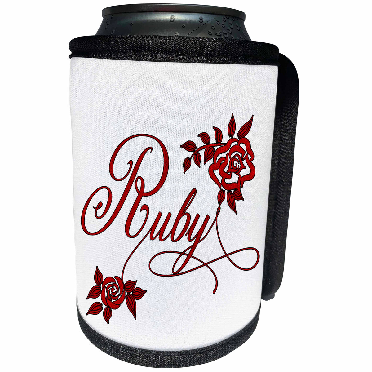 3dRose Doreen Erhardt Wedding Collection - RUBY Red with Roses Wedding or Business Anniversary Word Art - Can Cooler Bottle Wrap (cc_244688)