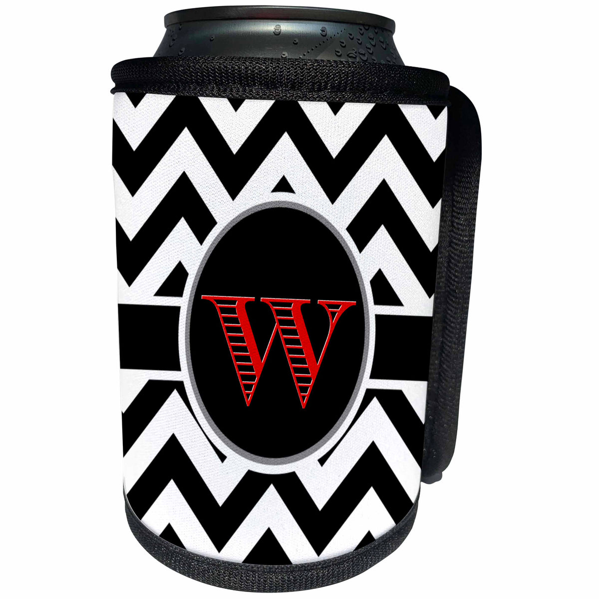 3dRose BrooklynMeme Designs - Black and white chevron monogram red initial W - Can Cooler Bottle Wrap (cc_252181)