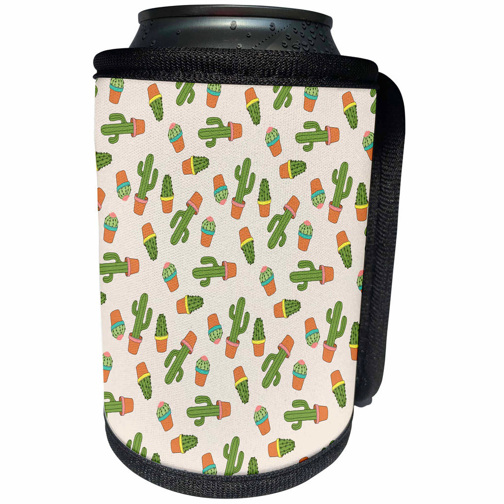 3dRose Anne Marie Baugh - Patterns - Cute Green Potted Cactus Pattern - Can Cooler Bottle Wrap (cc_255084)