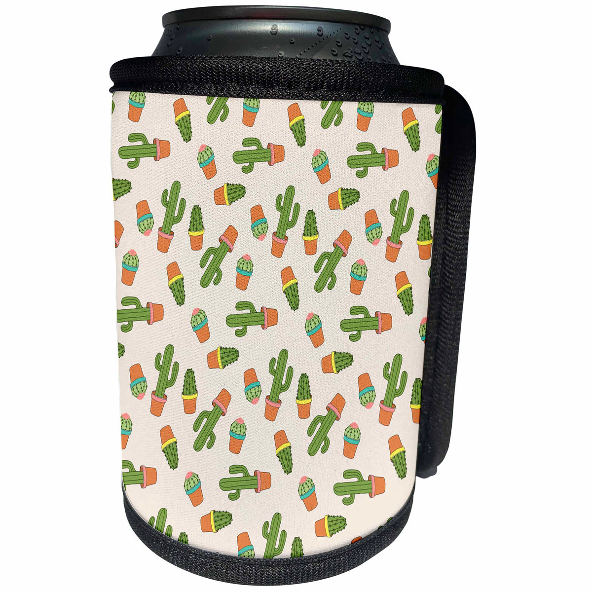 3dRose Anne Marie Baugh - Patterns - Cute Green Potted Cactus Pattern - Can Cooler Bottle Wrap (cc_255084)