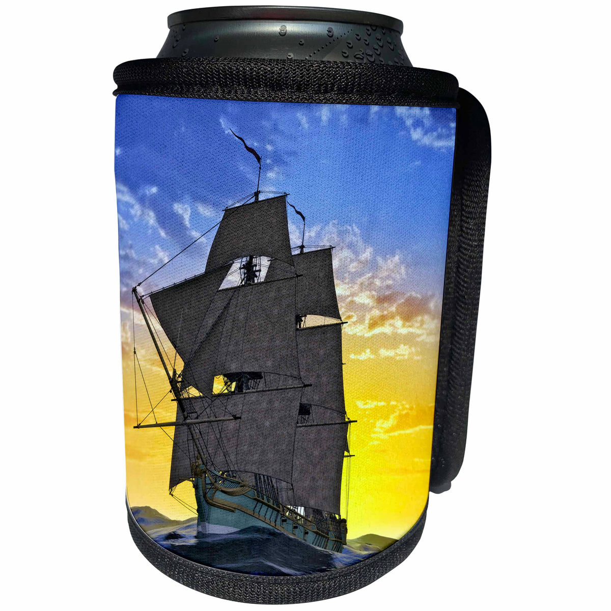 3dRose Boehm Graphics Ship - Green Corvette Sailing Ship Sailing to the Right Front at Sunrise - Can Cooler Bottle Wrap (cc_255238)