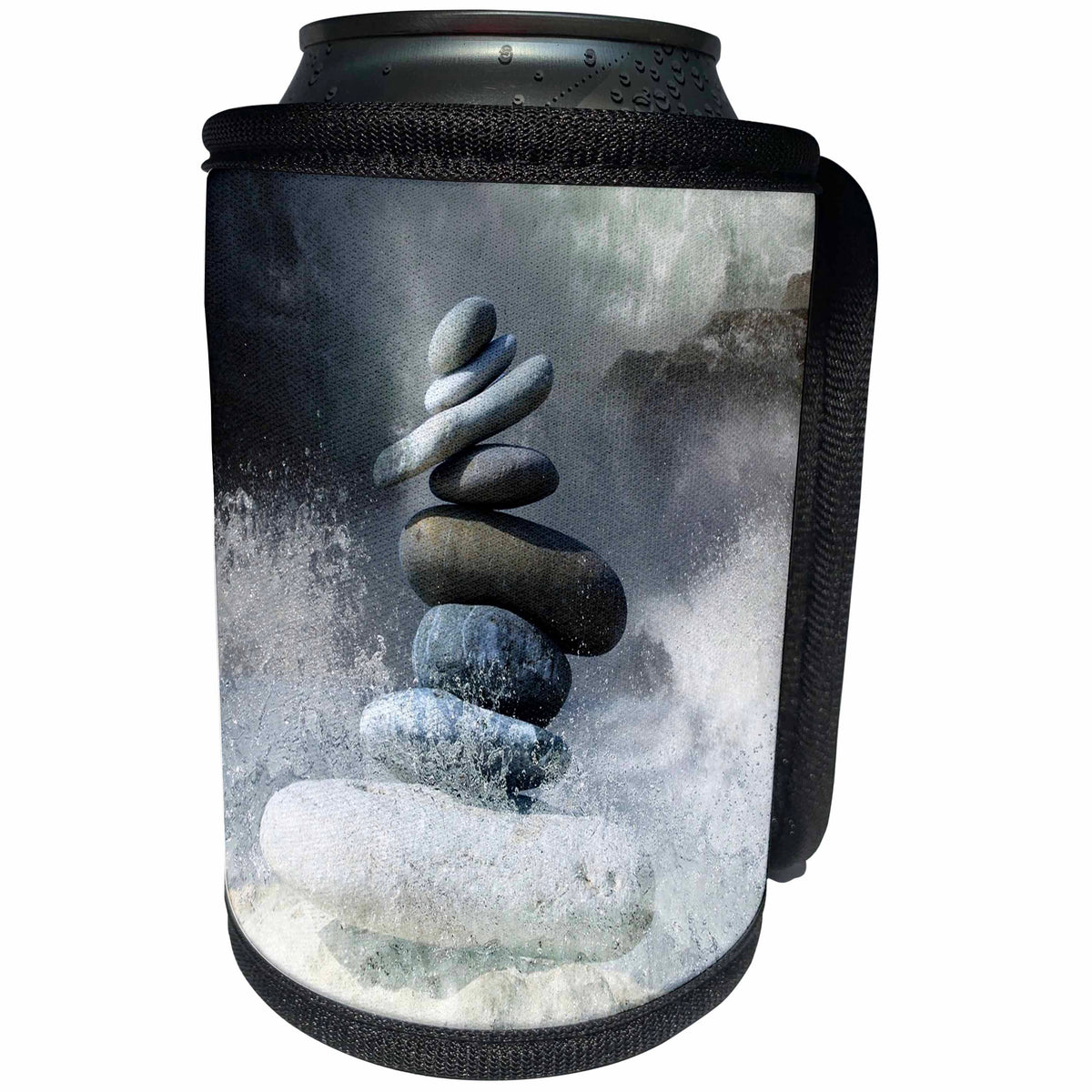 3dRose Weather - Image of Stack Of Zen Stones With Big Waves Crashing - Can Cooler Bottle Wrap (cc_290363)