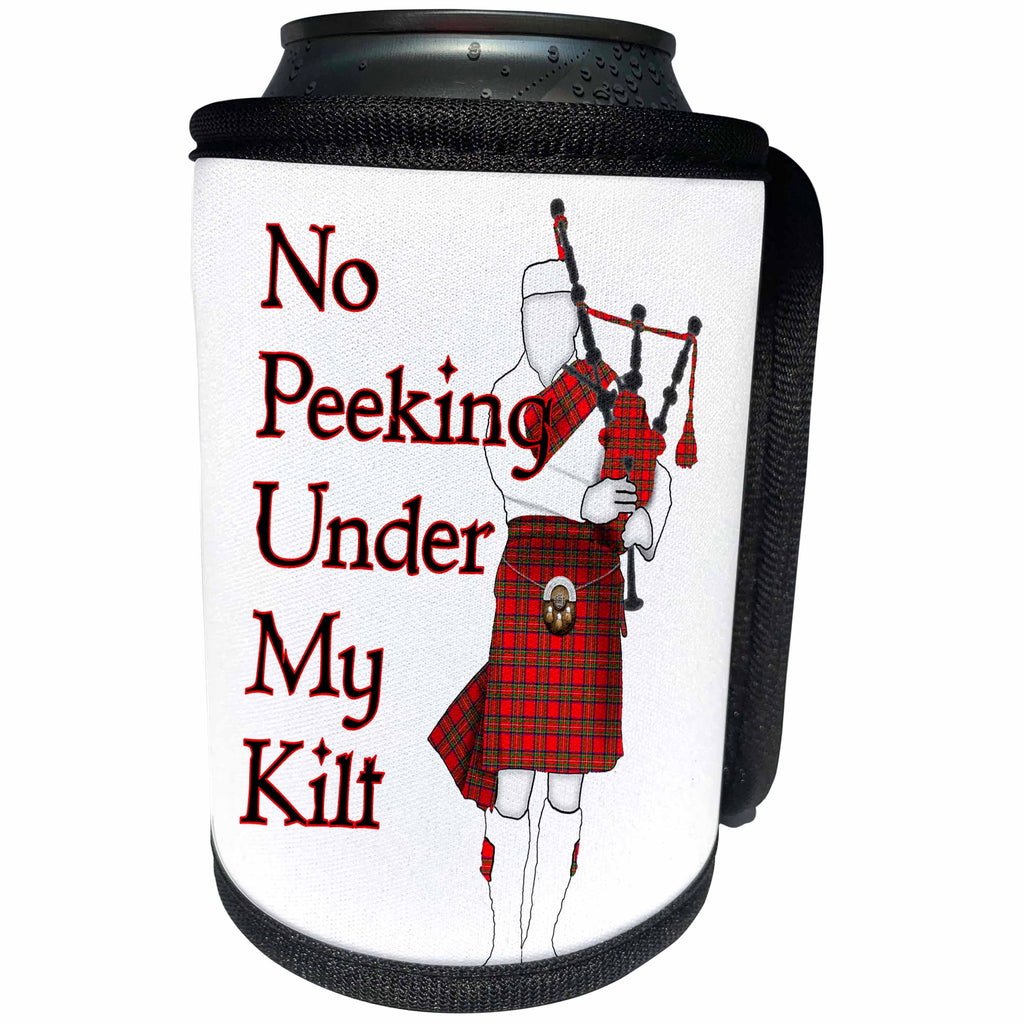 3dRose MacDonald Creative Studios – Celtic - Funny Scottish humor, No Peeking Under My Kilt, man playing bagpipes. - Can Cooler Bottle Wrap (cc_295400)
