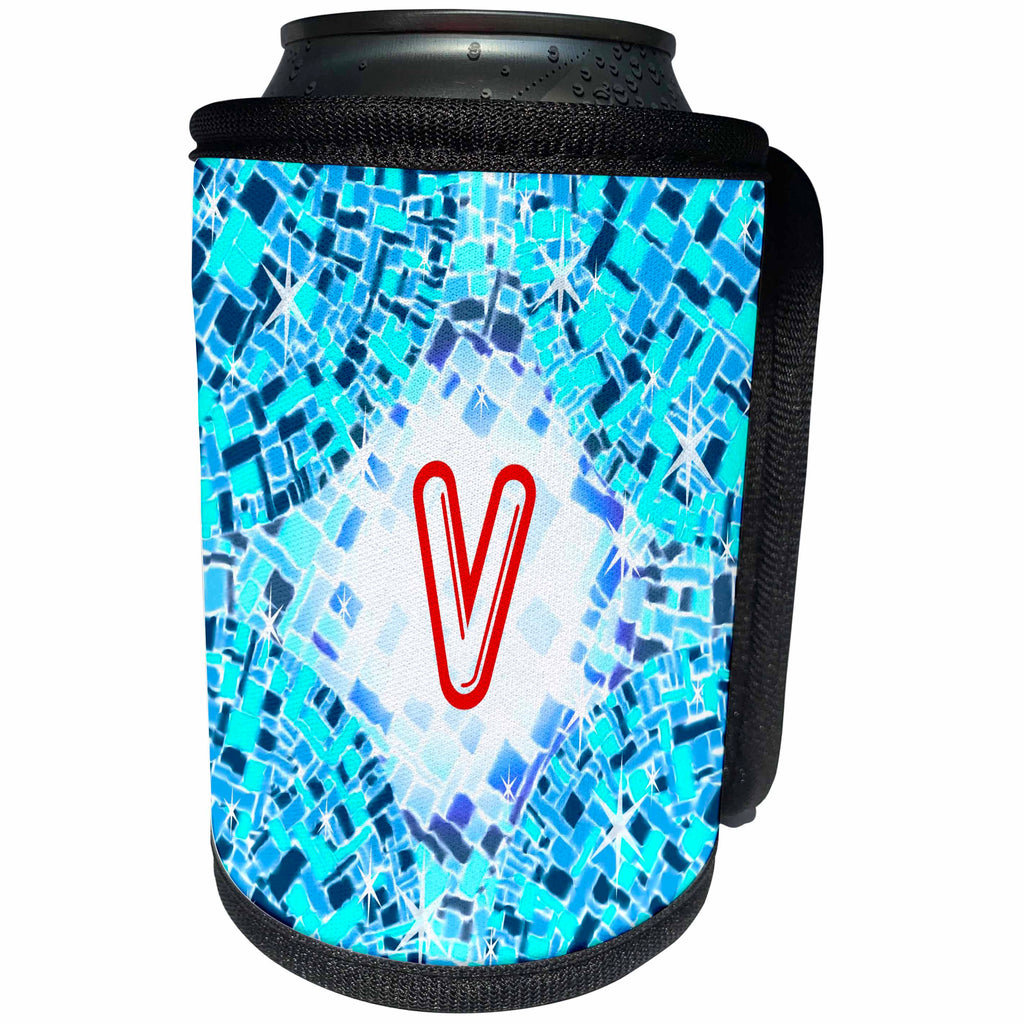 3dRose Russ Billington Monograms-Swimming Pool- Initial V - Initial V- Swimming Pool Reflections with Pool Float Initial in Red - Can Cooler Bottle Wrap (cc_300121)
