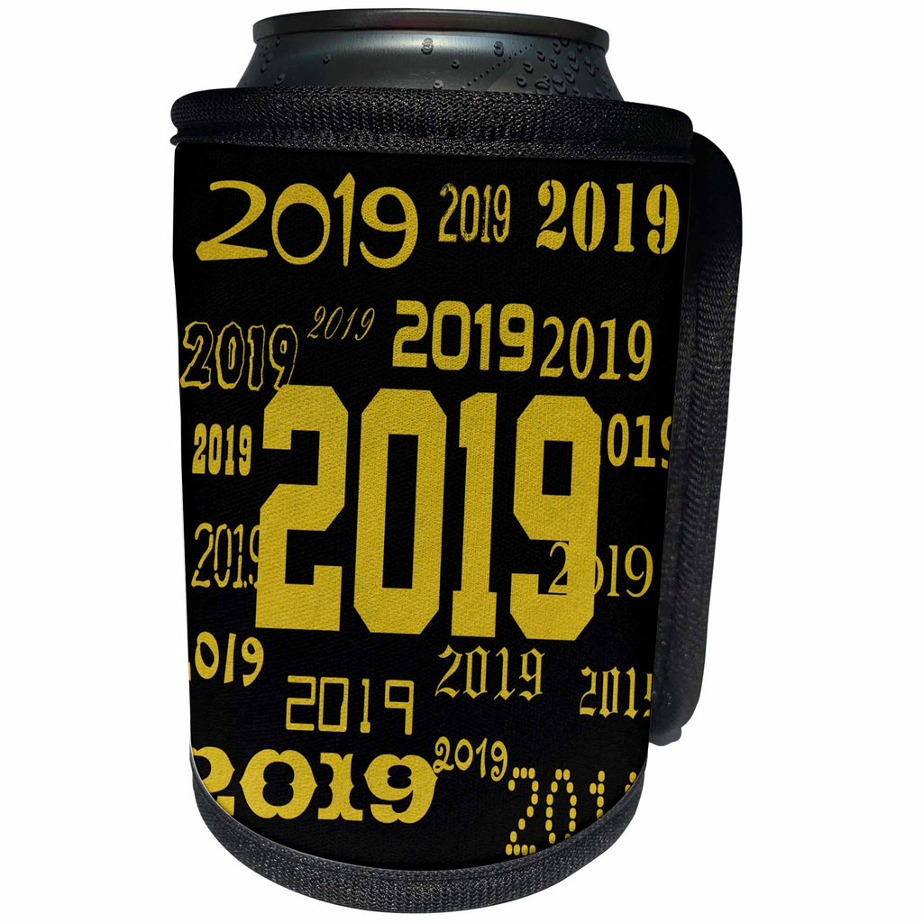 3dRose TDSwhite – Graduation - 2019 Graduation Happy New Year 2019 Pattern Black Gold - Can Cooler Bottle Wrap (cc_300634)