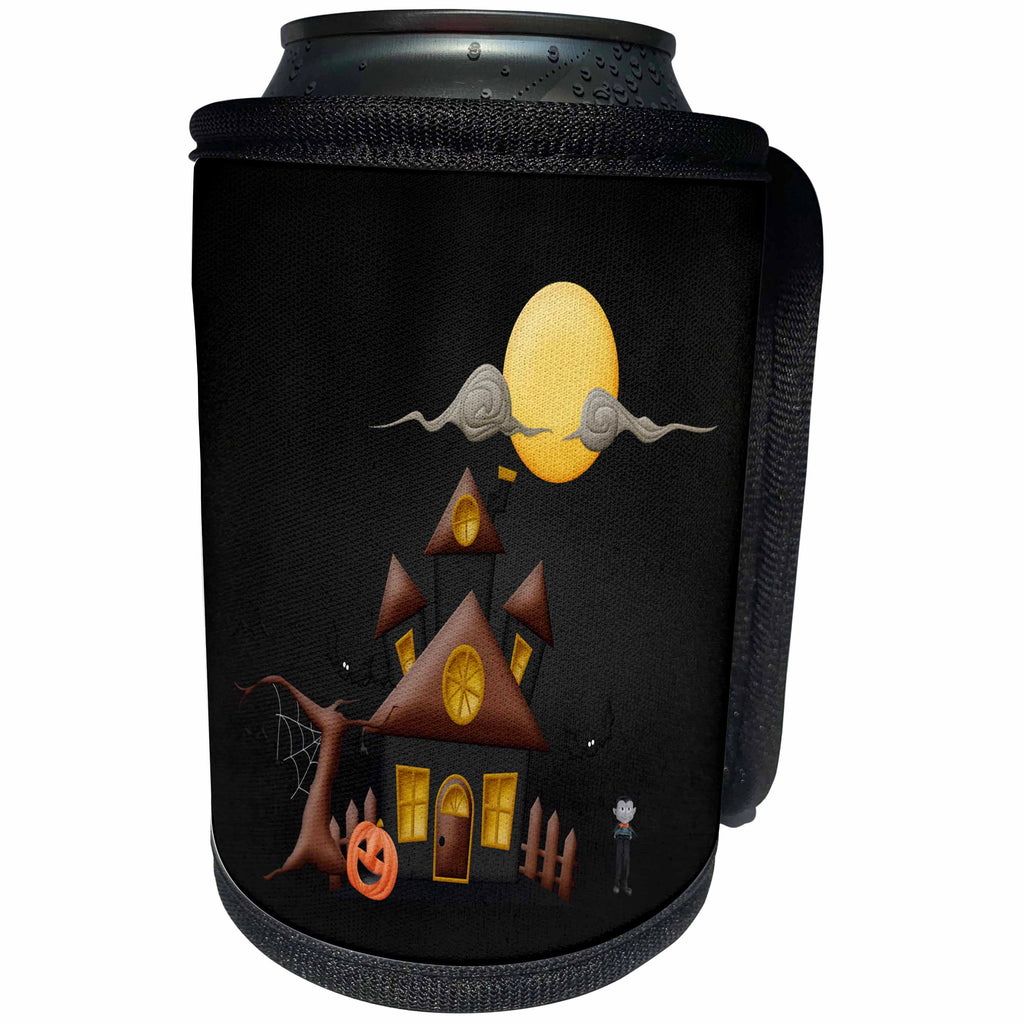 3dRose Beverly Turner Halloween Design - Haunted House, Frankenstein, Spooky Tree, Pumpkin, Big Moon, and Bats - Can Cooler Bottle Wrap (cc_302007)