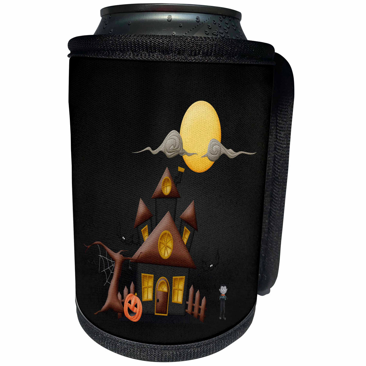 3dRose Beverly Turner Halloween Design - Haunted House, Frankenstein, Spooky Tree, Pumpkin, Big Moon, and Bats - Can Cooler Bottle Wrap (cc_302007)