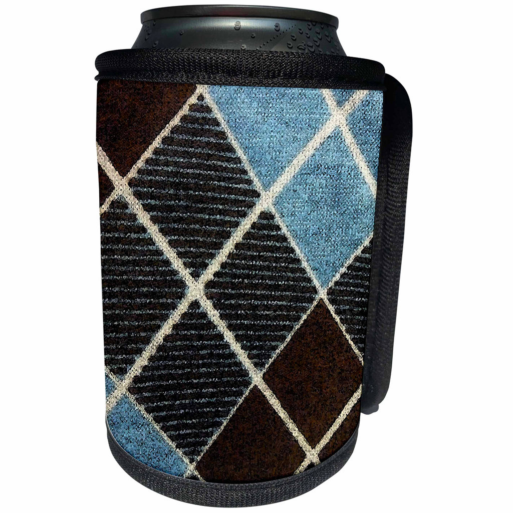 3dRose Florene Geometric - Blue and Brown Plaid - Can Cooler Bottle Wrap (cc_31096)