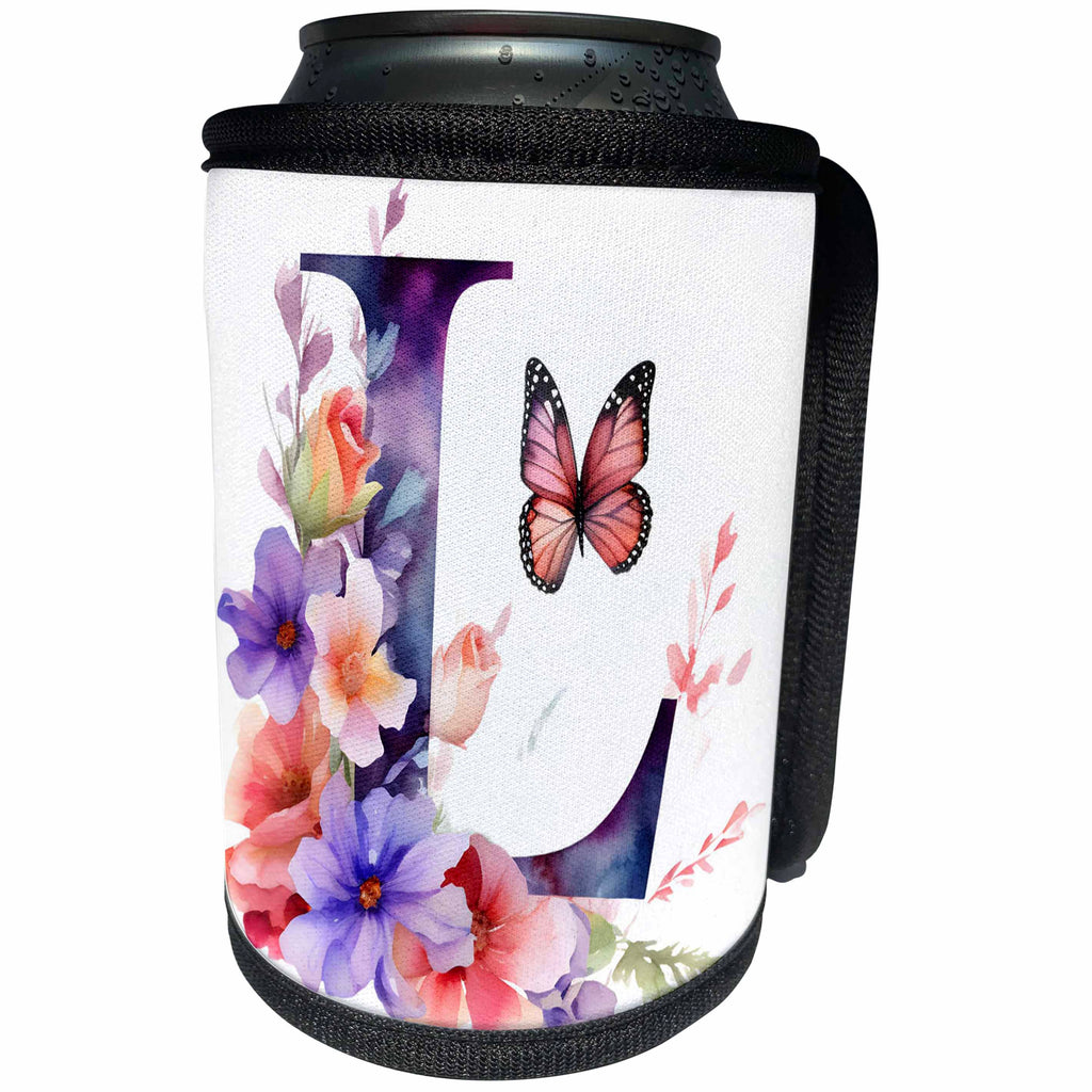 3dRose Pretty Floral Monogram Initial L - Can Cooler Bottle Wrap (cc-382432)